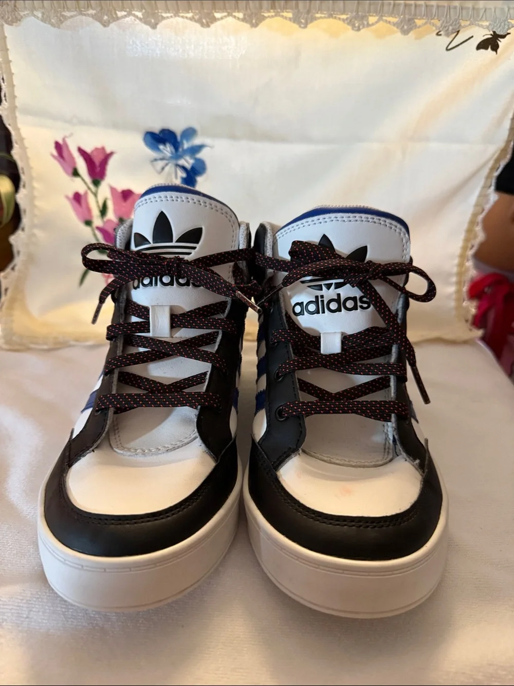 Adidas Kids Black White Blue Red High-Top Sneakers w Logo Stripe